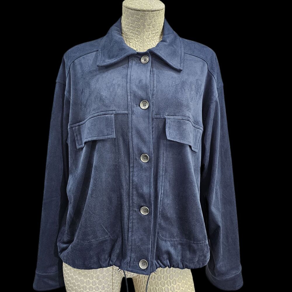 Max Studio L Faux Suede Blouson Button Down Jacket Shirt Top Coat Vegan Blue EUC